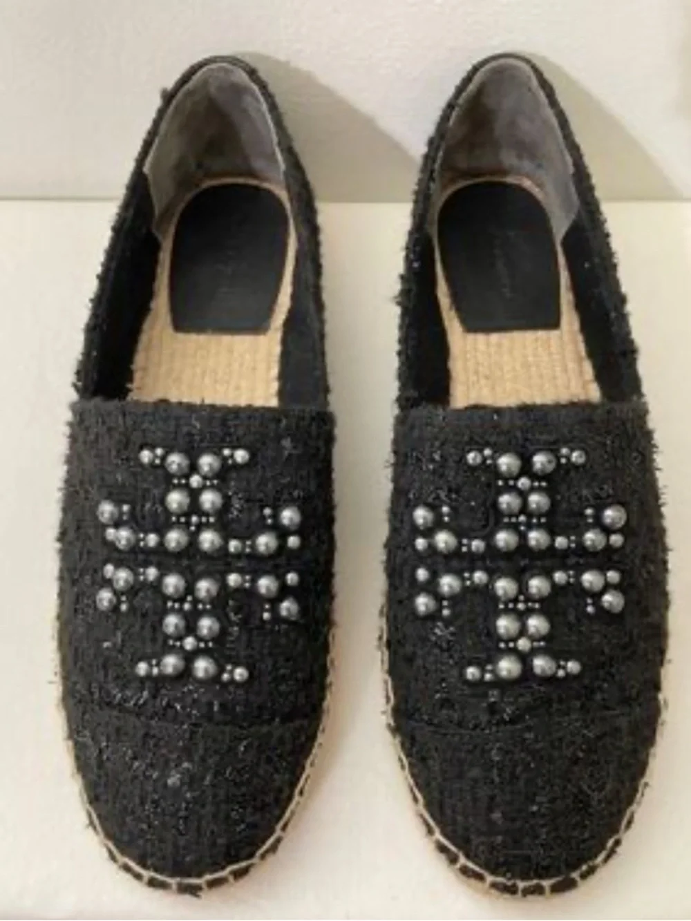 Tory Burch Black Pearl-Embellished Espadrille Flats Size 6.5